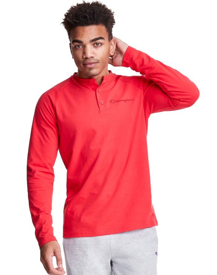 Champion Herre T-Shirts Rød - Long Sleeve Henley - Danmark SCZ-745130